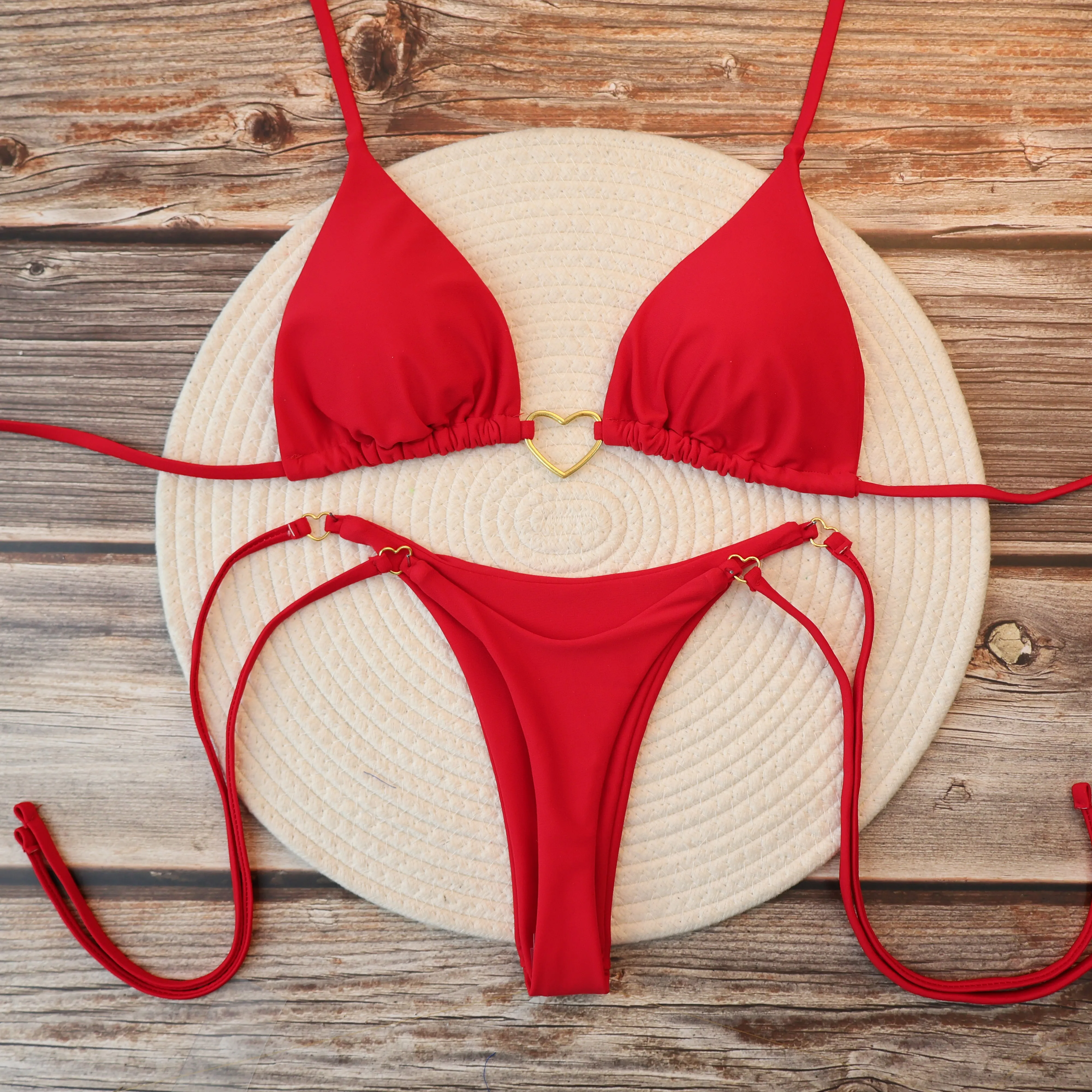 Women's Sexy Brazilian Bikini Set Halter Triangle Top Thong Bottom Two-Piece Swimsuit Heart Bathing Suit Summer Beach Swimwear - 2