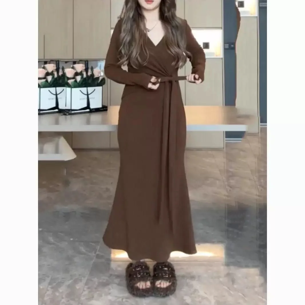 Plus Size Women's Long V-Neck Dress Slimming Belly Covering Fish Tail Wrap Body High-End Spring Autumn plus Size MM Dress