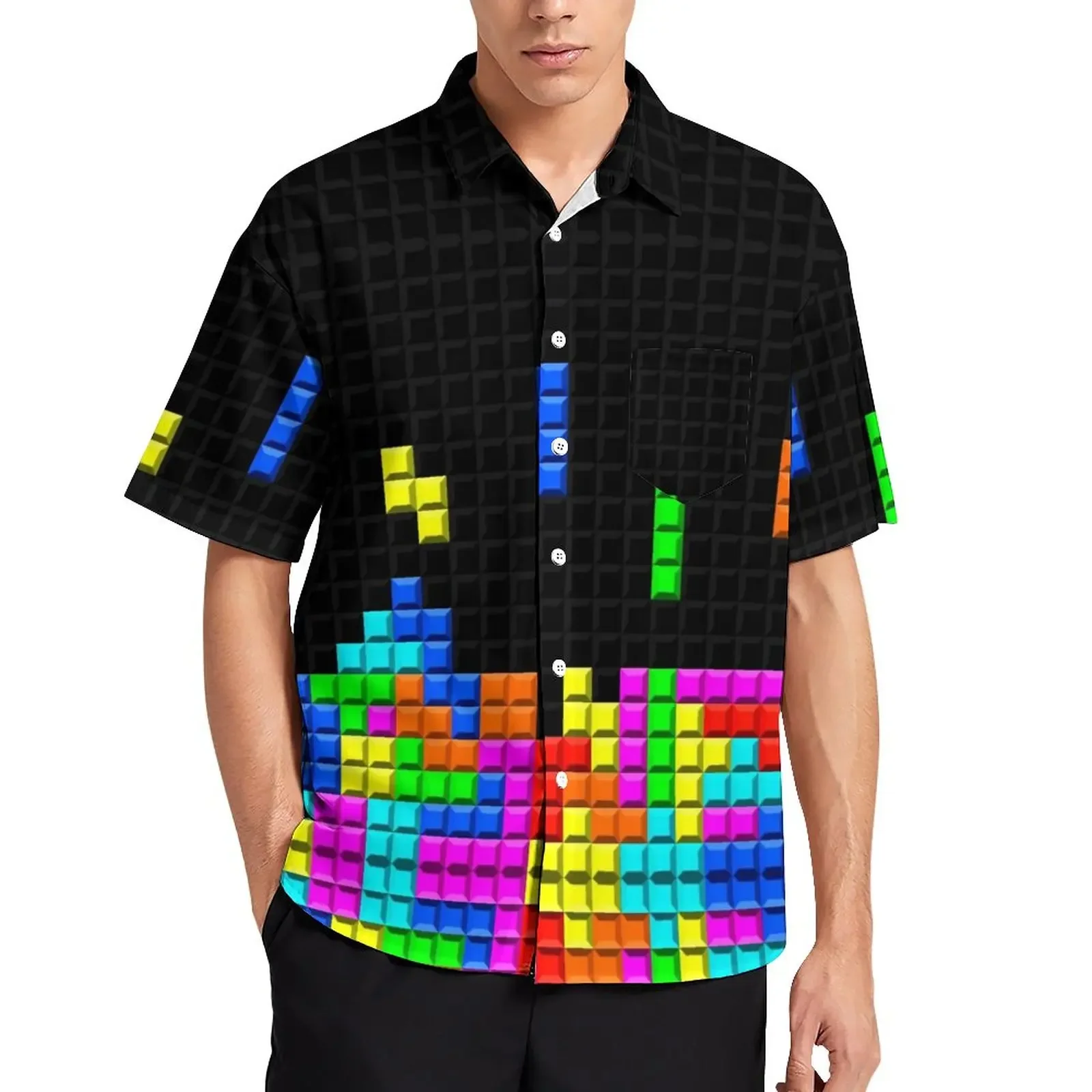 3d Tetris Print Shirt Men Women Fashion Shirts Single-Breasted Short Sleeve Hawaiian Shirts Blouse Men's Clothing