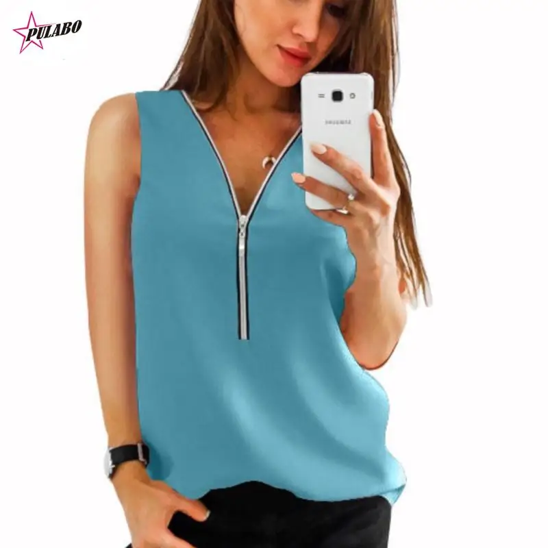 

PULABO 5XL Women Summer Chiffon Blouse Top V Collar Zipper Roll Up Long Sleeves Loose Shirt Blusa Feminina