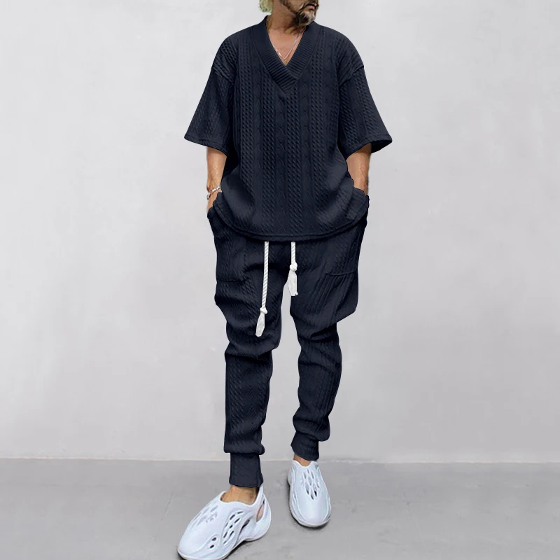 Spring And Autumn New Men's Suit Europe And The United States Style Heavy Quality Jacquard V-neck Shirt Trousers Two Sets