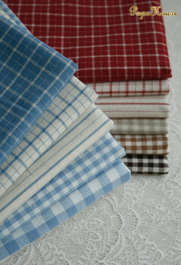 Retro Vintage Red Blue Linen Grid Striped Woven Cotton Fabric for Sewing and Home Décor