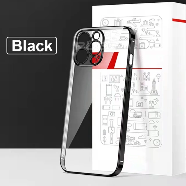 Luxury Plating Transparent Soft Silicone Case for iPhone 13 11 12 Pro Max Mini XR X XS Shockproof Clear Cover Camera Protect Black