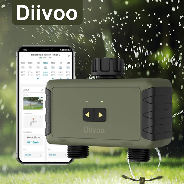 Diivoo Bluetooth Sprinkler Timer 2 Zone, Smart Water Timer for Garden Hose, Smart Automatic Irrigation Timer with Rain Delay 1