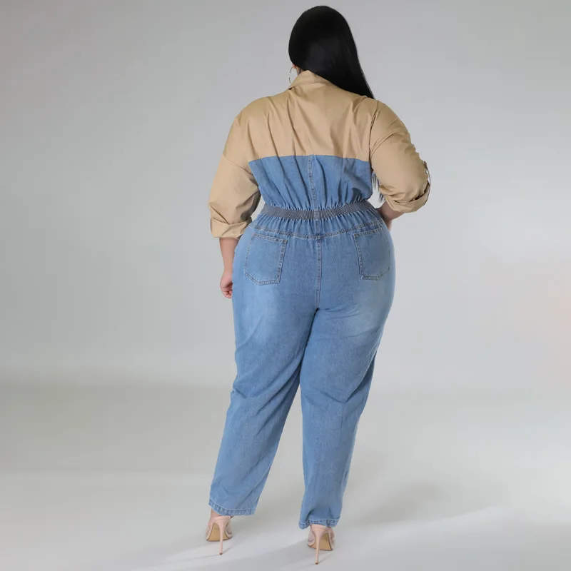 Plus Size Elegant Party Jumpsuit For Women Patchwork One Piece Outfit 2023 Spring Female Jean Jumpsuit Lady Designer Denim Pants