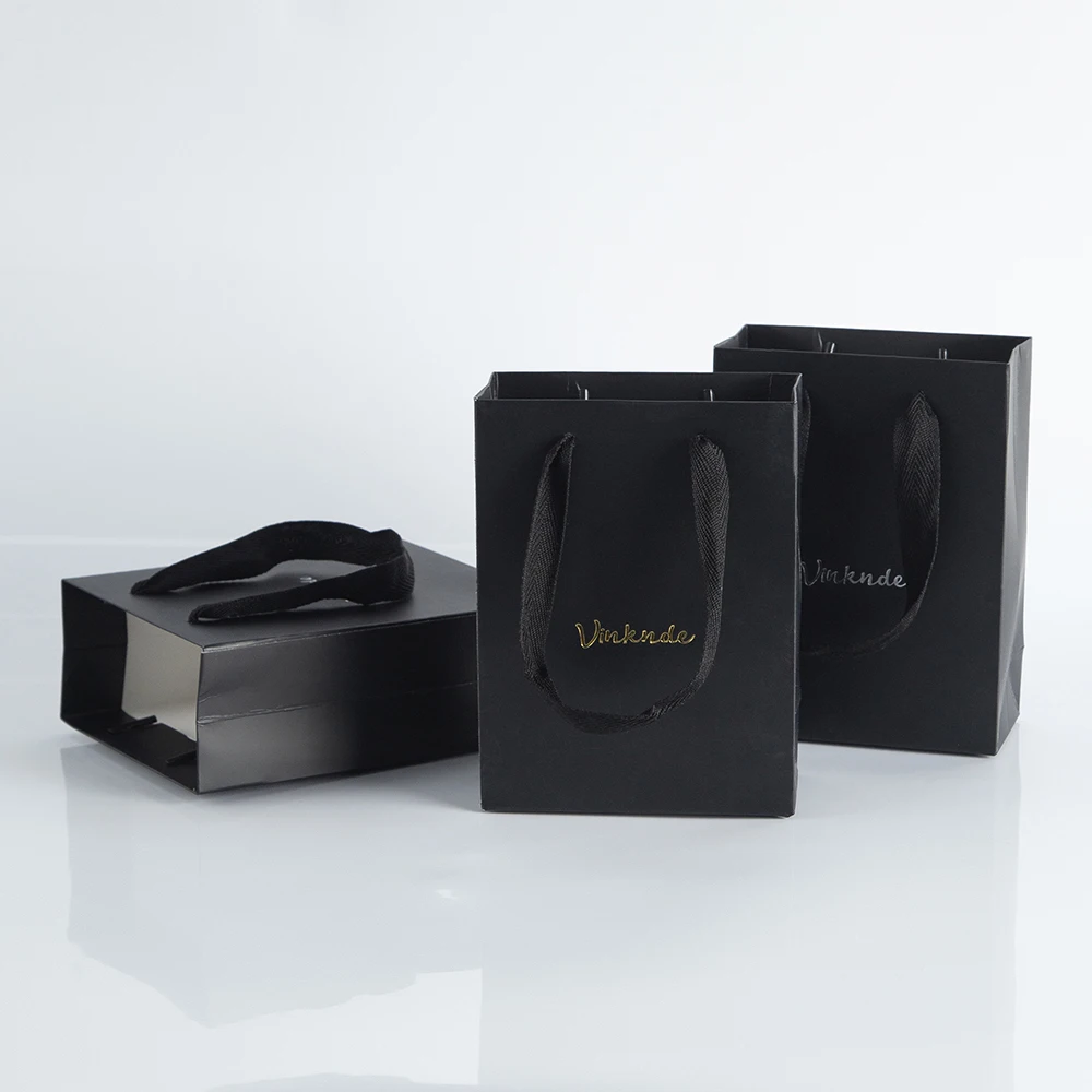 24 Luxury Black Paper Gift Bag Custom Logo Print Paper Tote Packing Bag For Gift With Ribbon Handle Jewelry Box Packaging Bags custom custom order eyelash paper packaging box