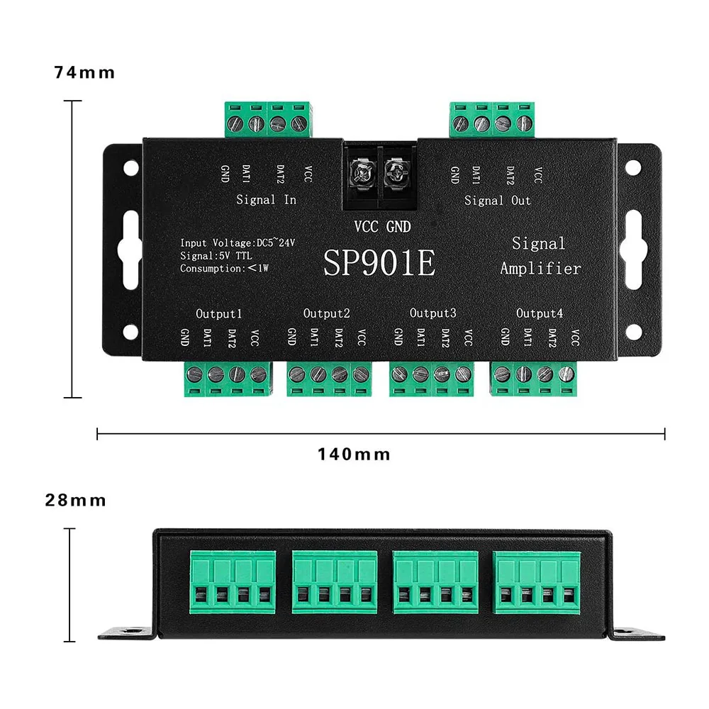 DC5V-24V SP901E Signal Amplifier LED SPI controller 4CH Group Amplifier for WS2812 2811 DMX512 LED Pixels Strip Magic Module led strip controller