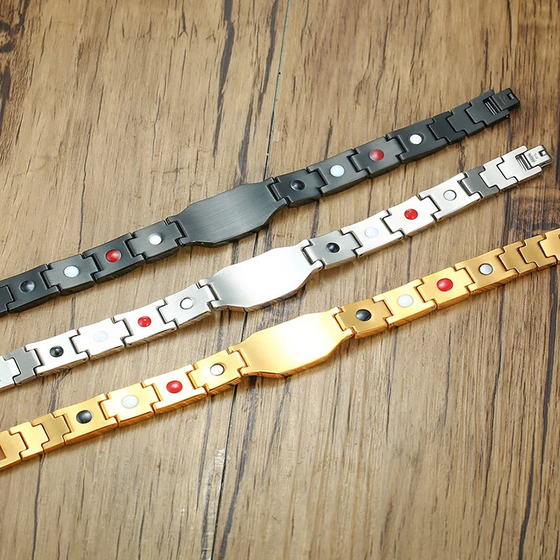 Men Stainless Steel Magnetic Health Energy Hologram Bracelet Gold-color Carbon Fiber ID