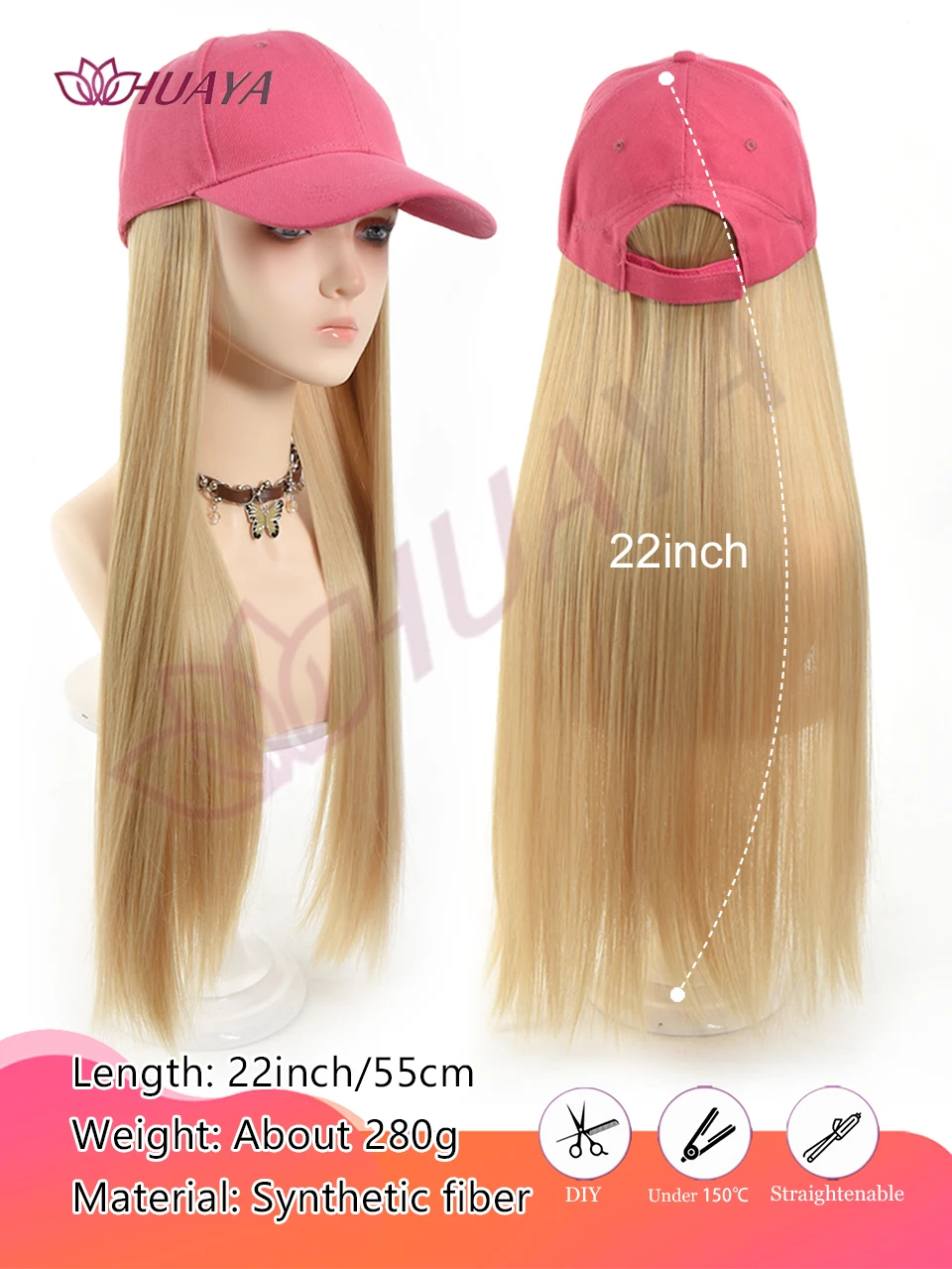 Pink Baseball Hat Hooded Wig Hat Wig Long Straight Wig Synthetic Hair Beginners Friendly Heat Resistant Natural Looking For Dail