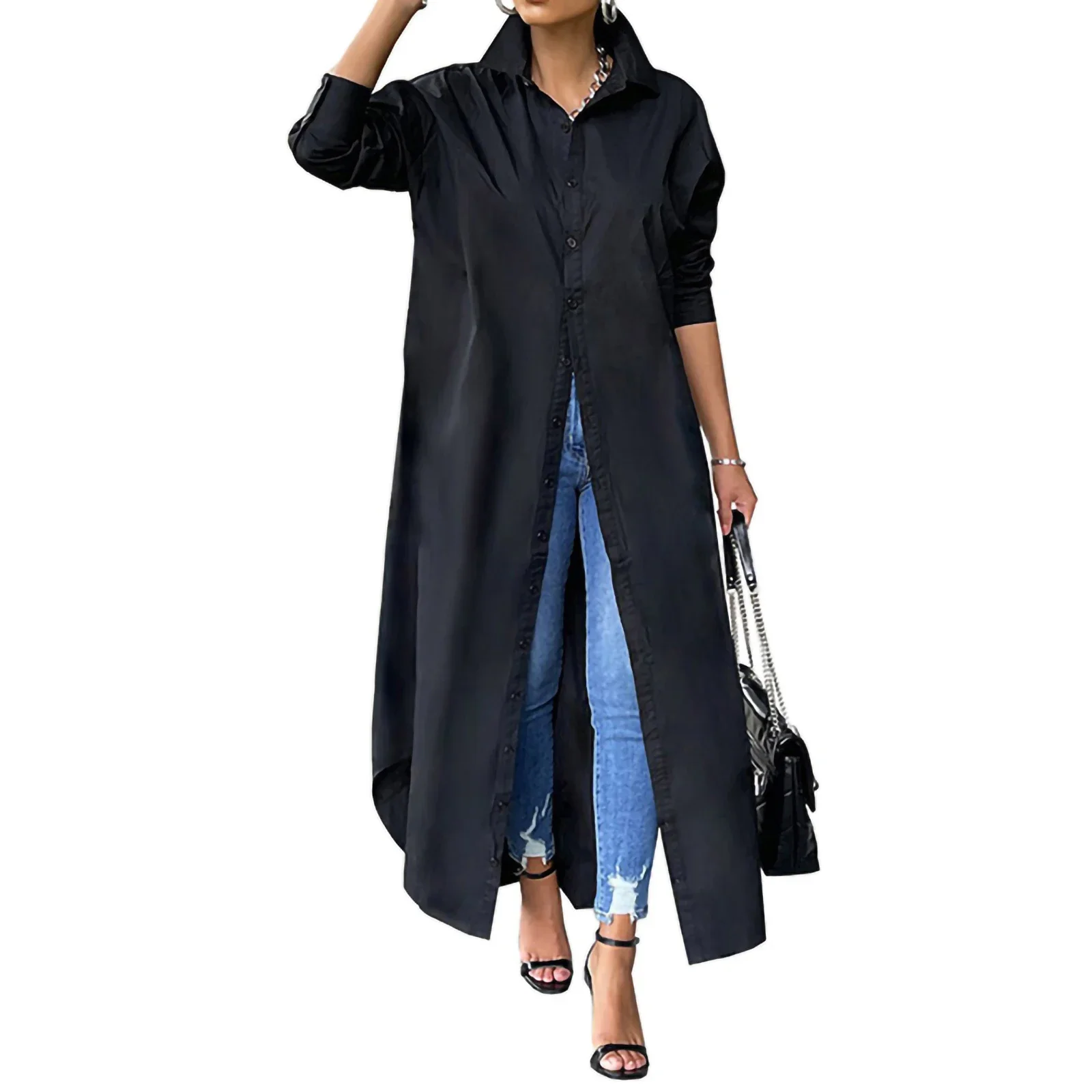 

Женский кафтан на пуговицах, однотонное свободное платье-рубашка с длинными рукавами, отложным воротником и V-образным вырезом, длинное пальто, платье-блуза