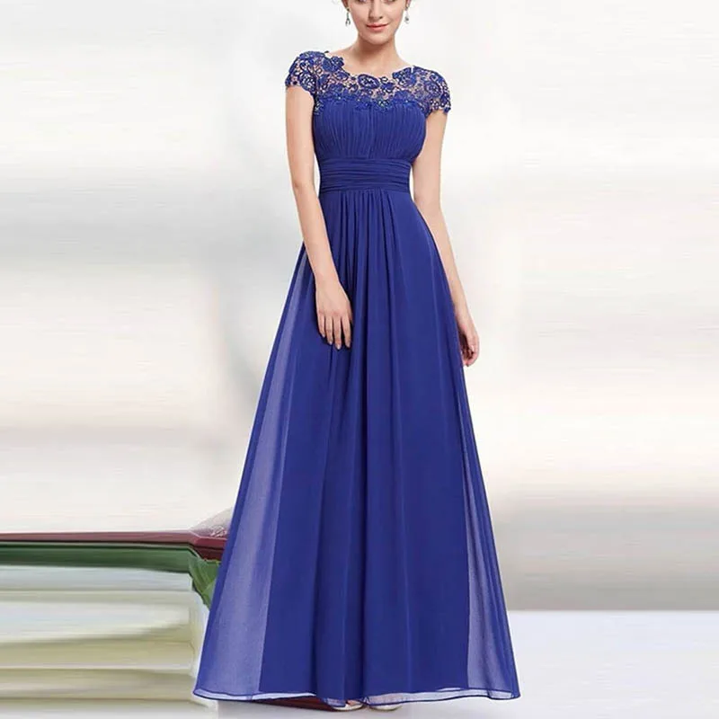 

Sexy Lace Hollow Out Women Party Dresses Summer Fashion Solid O-neck Short Sleeve A-line Maxi Dress Elegant Ladies Long Vestidos