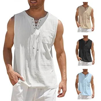 Men Summer Tank Top Sleeveless T-Shirt Lace-up Design Solid Color Shirt Loose Fit Vest Daily Vest Men Clothing 1