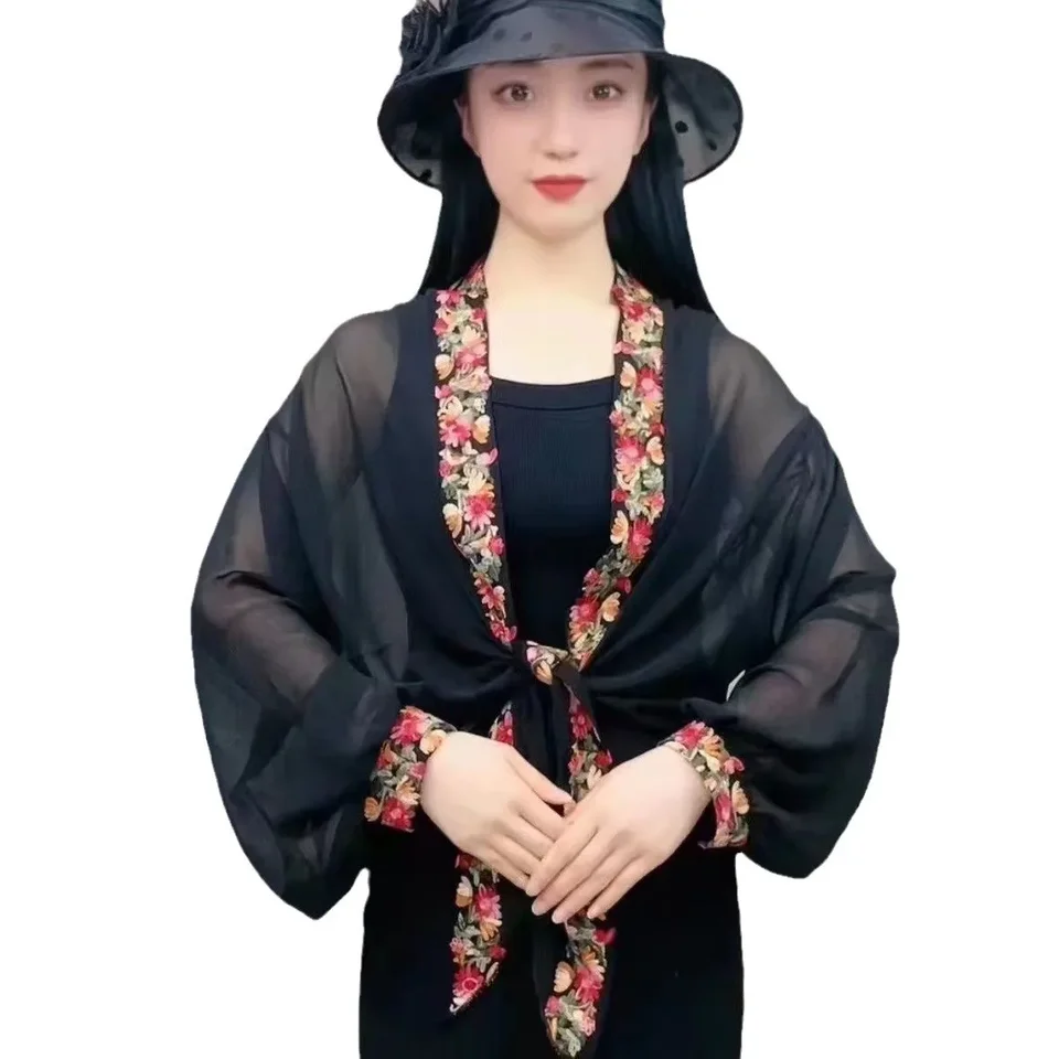 통기성 오토바이 라이딩 기어 쉬폰 자수, 자외선 차단 와이드 슬리브 가디건, 에어컨 숄