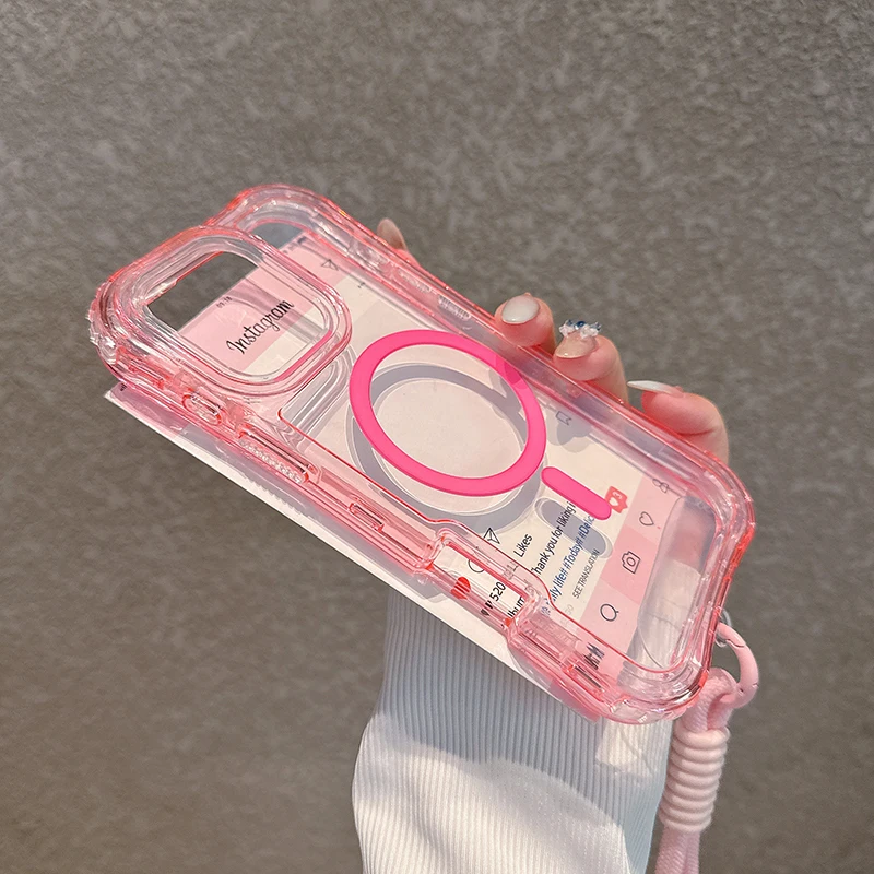 Heavy Duty Clear Shockproof Magnetic Phone Case with Magsafe Charging and Lanyard Attachment