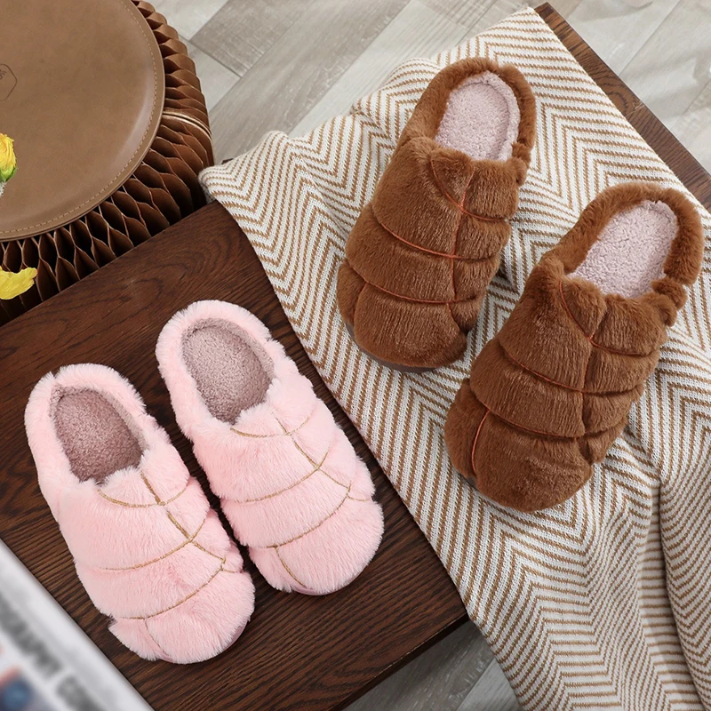 Winter Home Fur Platform Slipeprs for Women Comfort Non Slip Soft Sols Cotton Slides Woman Closed Toe Warm Plush Shoes Feamle