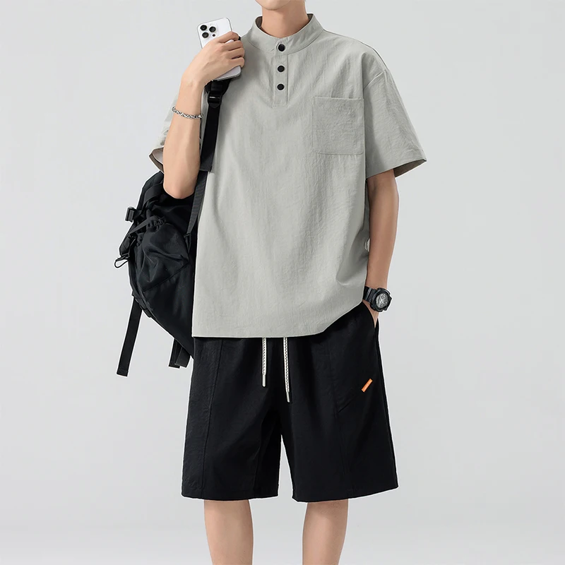 Männer T-shirt Anzug Kurzarm Polo Set Sommer Oversize 5XL 6XL 7XL 8XL Plus Größe Stehkragen Tasche Zipper lose Büro Mode – Detail 13