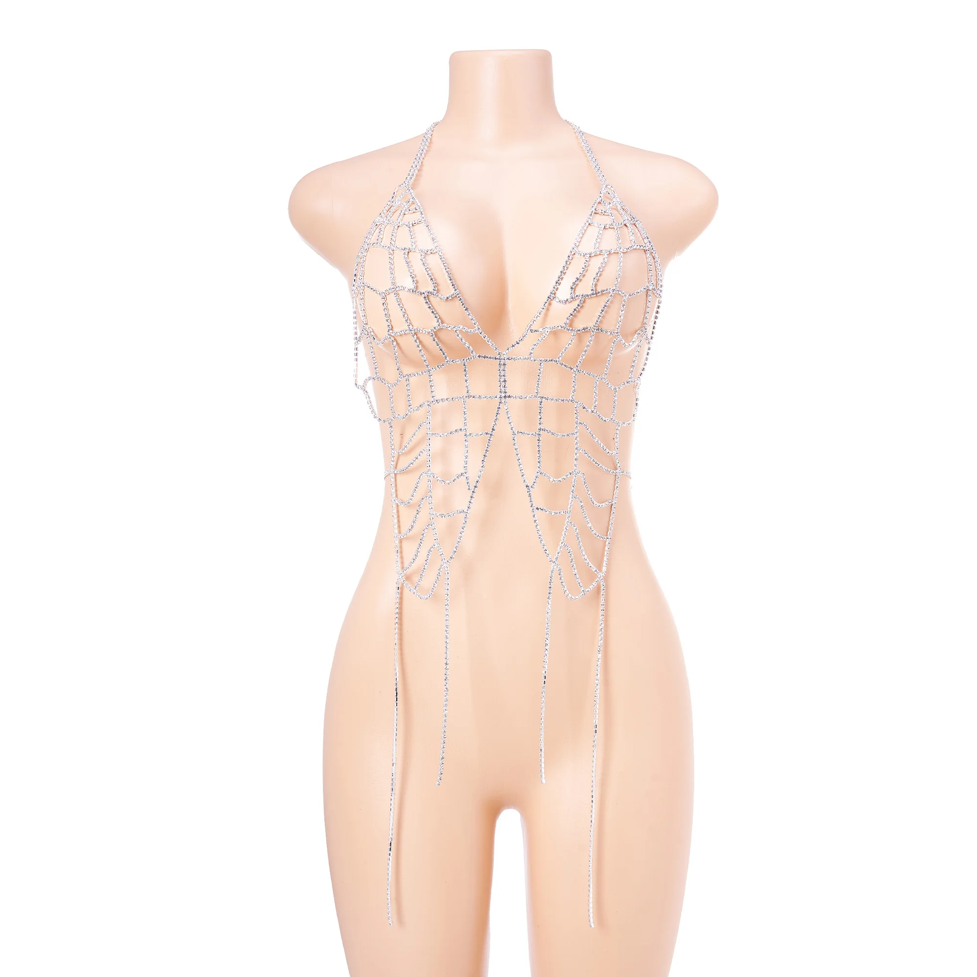 

FZD Sliver Crystal Rhinestone Heart Metal Body Chain Harness for Women Luxury Lingerie Bling Bikini Bra Set Rhinestone Appliques