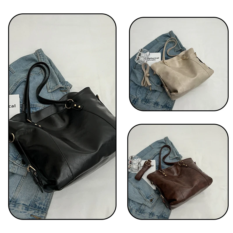 Women's Solid Color Shoulder Bag Fashion Autumn and Winter Tote Bag Soft Leather Commuter Female Bags Handheld New Style