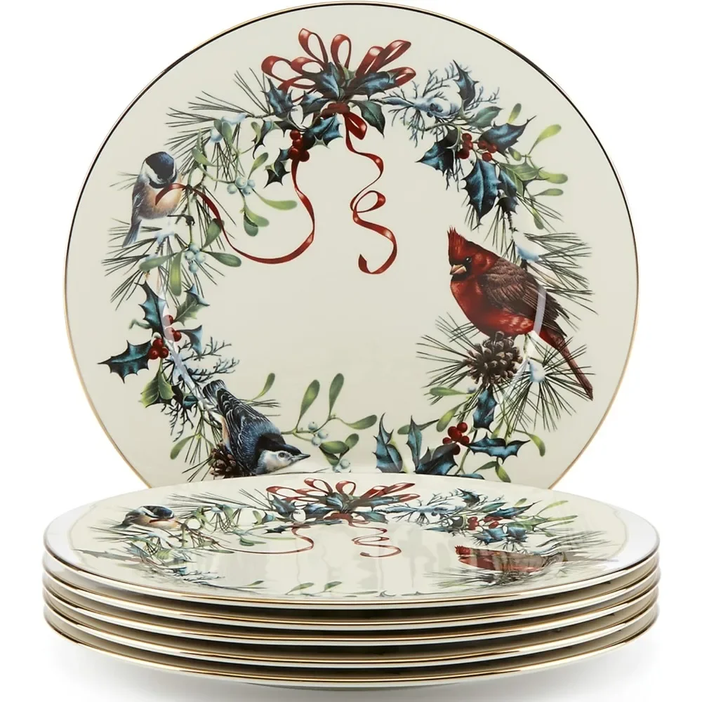 

6-Piece Ceramic tableware Winter Greetings 6-Piece Dinner Plate Set Ivory Bone China，Chip Resistant
