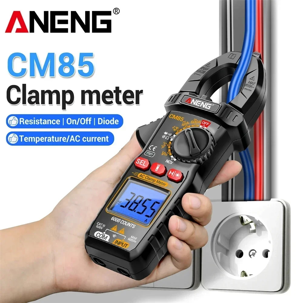 ANENG CM85 디지털 클램프 미터 6000 카운트 트루 RMS 멀티미터 NCV AC DC 전류 전압 커패시턴스 테스터 무료 VD802 테스트 펜