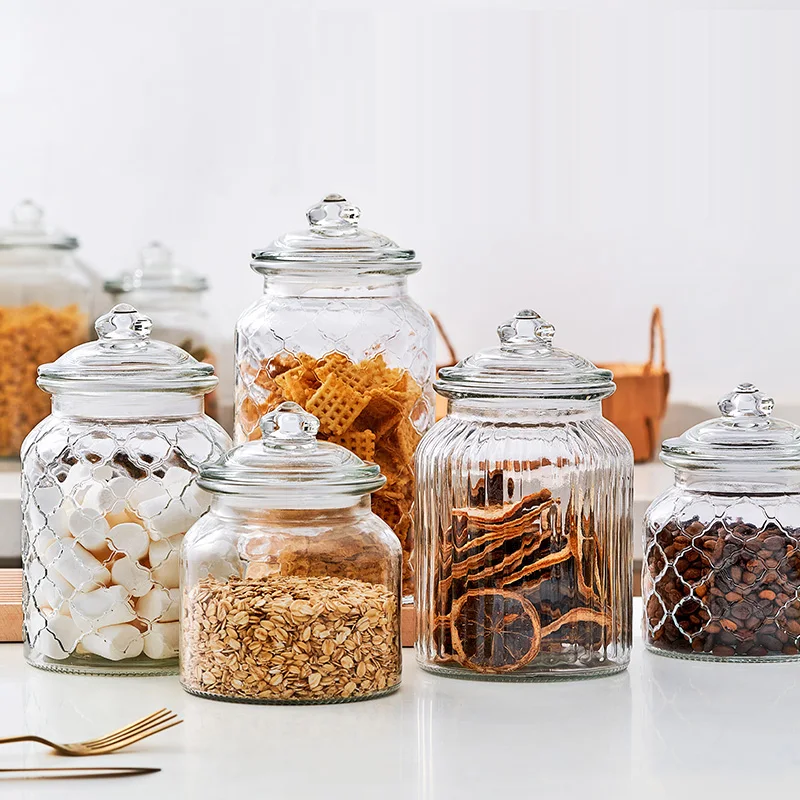 Modern Amber Grid Striped Glass Jar Food Seal Bottle Fruit Pickle Pot  Coffee Bean Tea Candy