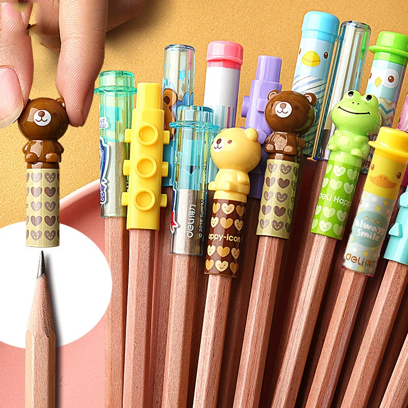 4 Pcs Cute Cartoon Pencil Cap Pen Cover Pencil Extender School Students Stationery Supplies Plastic Pencil Protector