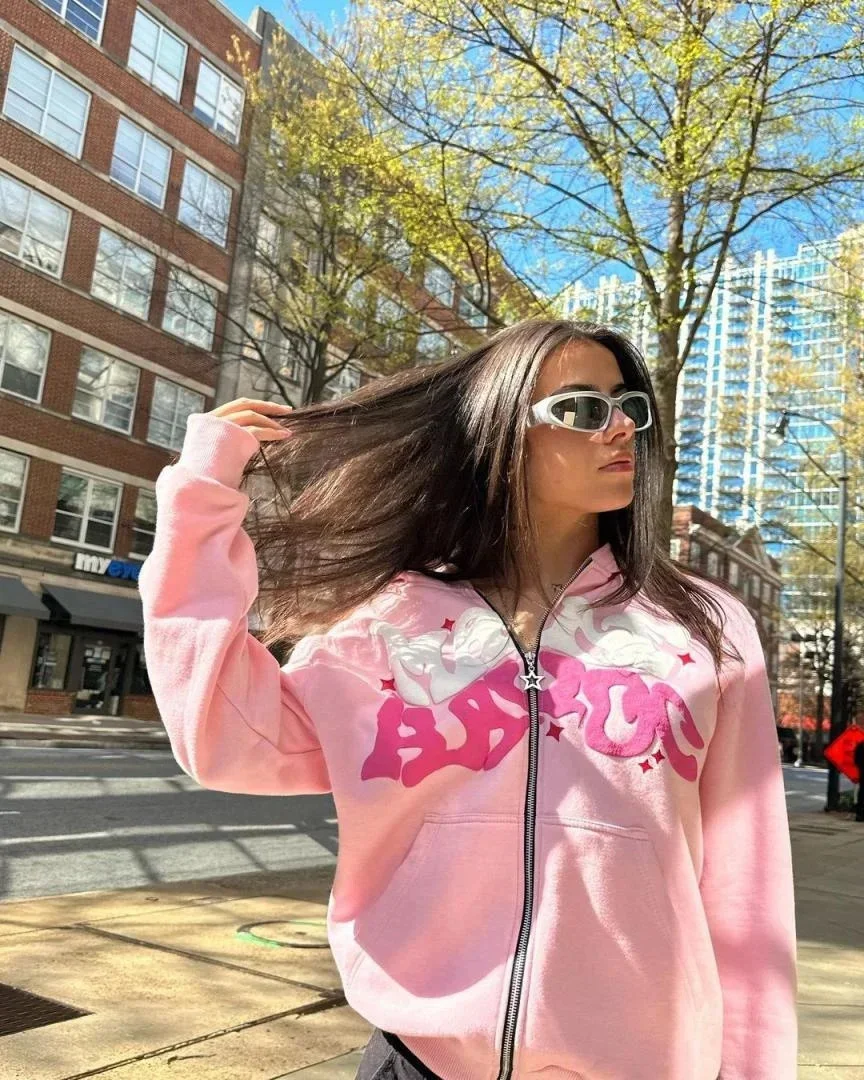 

Y2K 2023 European and American Street Plus Size Loose Pink Printed Pattern Zipper Hoodie Hip Hop Fashion Friends Party Clothes