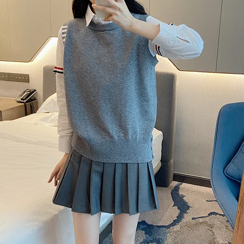 High Quality Korean Style TB Crewneck Vest Cashmere Wool Pullover Sleeveless Four-bar Preppy Commuter Women's Knit