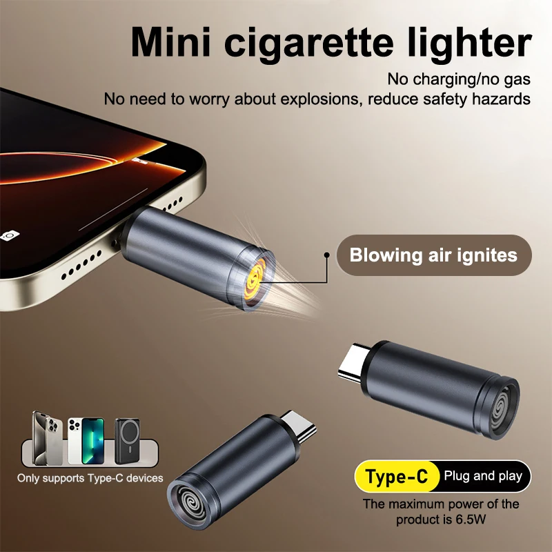 Type C Mini Lighter Blow-to-Ignite Auto Shut-Off For Air Travel Outdoor No Battery No Flame Portable Safety Adapter