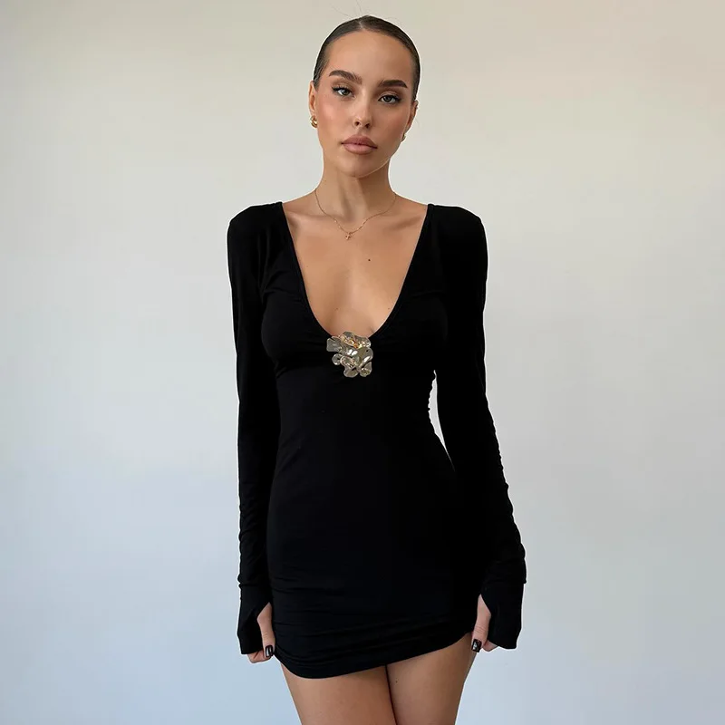 Vestido sexy metalizado ajustado con escote pronunciado para mujer, minivestido de manga larga con cintura alta, elegante, liso, para fiesta otoñal.
