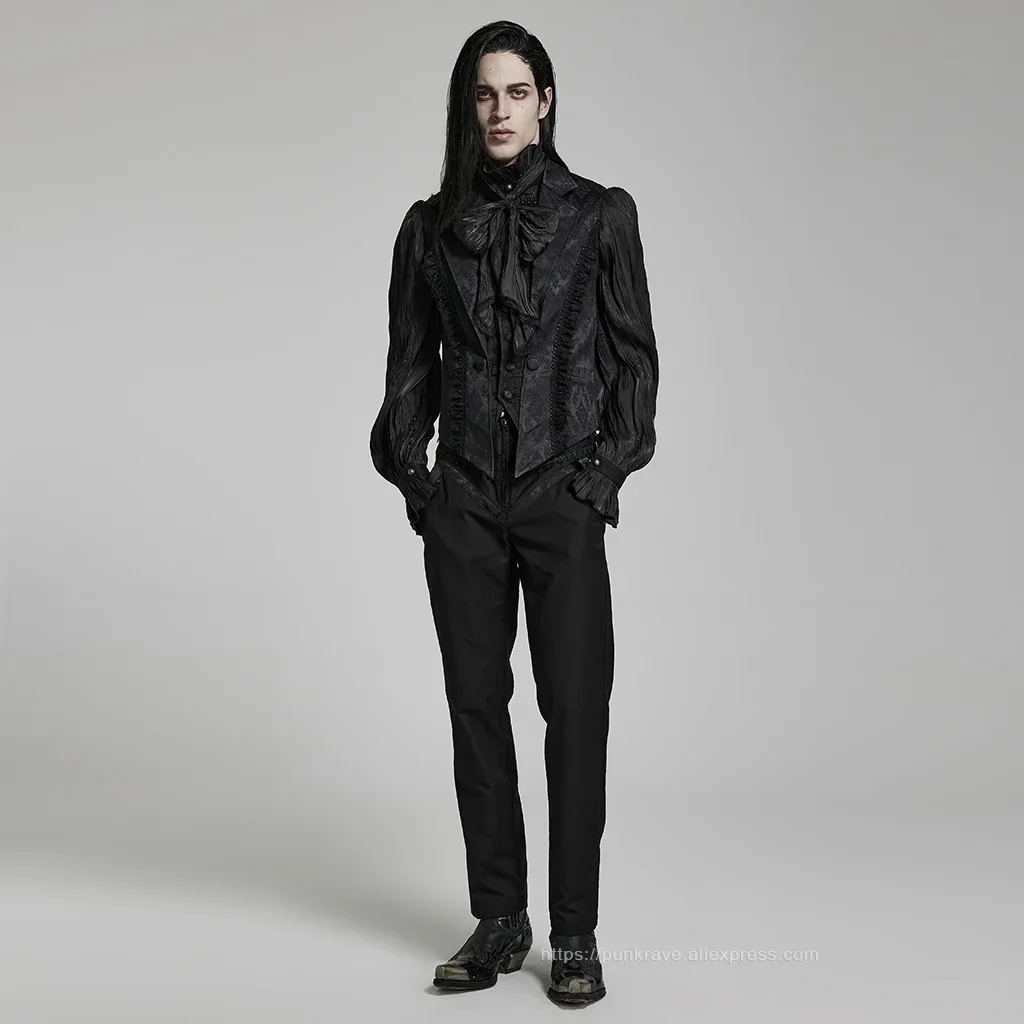 Description Picture 6 of itemPUNK RAVE Men's Gothic Gorgeous Lace Decoration Asymmetric Lapel Waistcoat Unique Pointed Outline Elements Party Long Sleeve Top