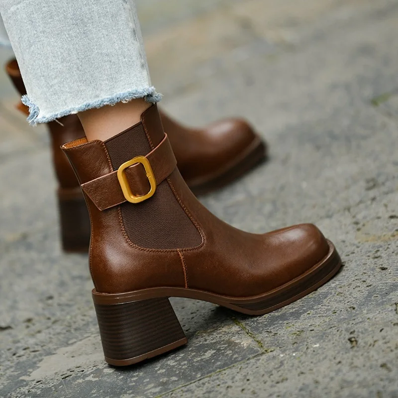 

Ladies Shoes Cow Leather Winter Boots Spring Autumn Buckle Shoes On Heel 6 CM Round Toe Side Zip Modern Women Boots Retro Style