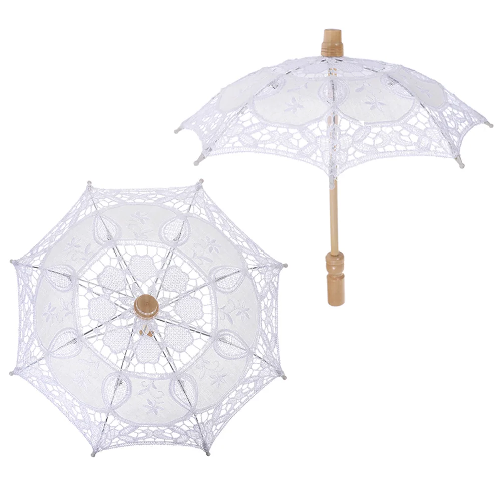 2 Pcs Prop Umbrella Decor Bride Lace Parasol Embroidery Wedding Photo Wood Handle Cotton Girls White