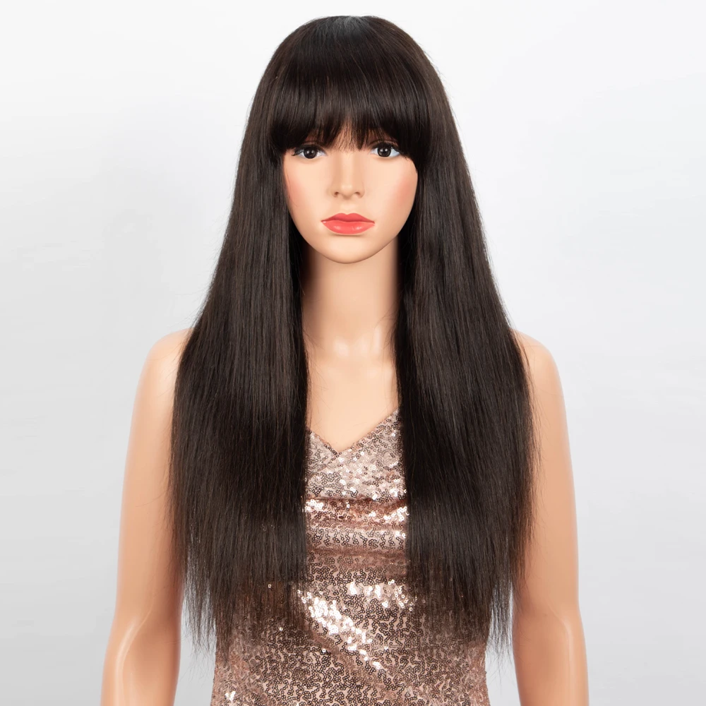 Lekker 블랙 롱 스트레이트 100% 인모 가발 여성용 앞머리 포함 브라질 레미 헤어 풀 머신 메이드 글루리스 데일리 가발