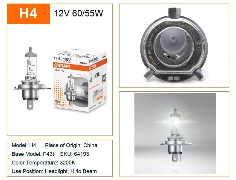 OSRAM H4 9003 HB2 64193 Standard Hi/lo Beam Car Halogen Headlight Auto Bulb 3200K 12V 60/55W P43t Original Lamp