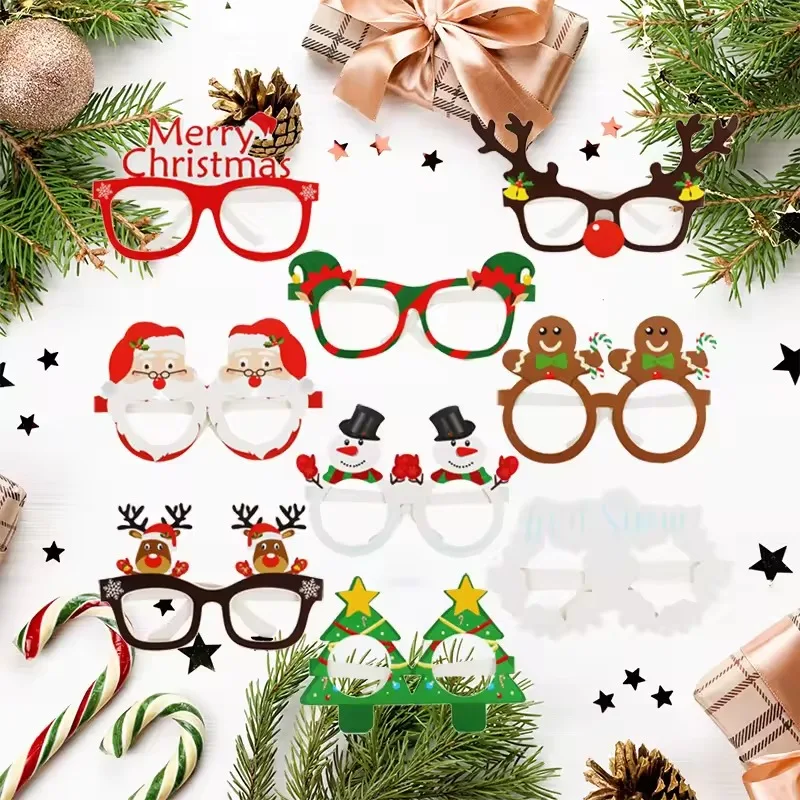 9Pcs/Set Merry Christmas Photo Props Santa Claus Snowman Elk Paper Glasses Kids Christmas New Year Party Supplies