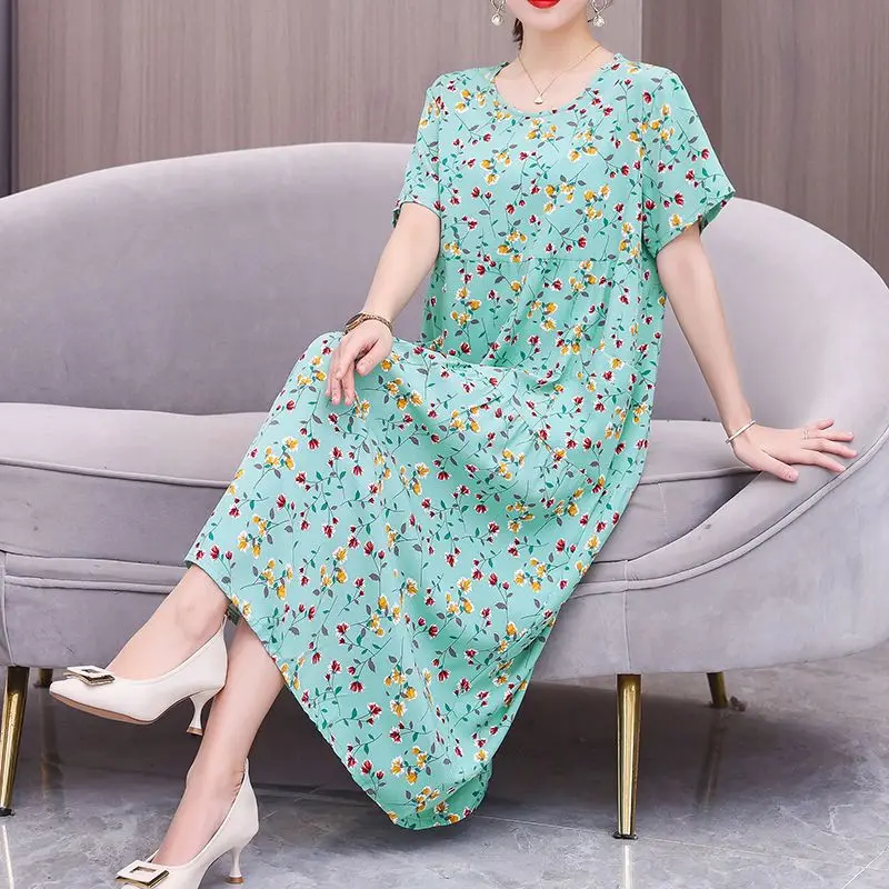 

2024 New Women Summer Fashion Middle-aged Print Dress Female Short Sleeve A-line Dresses Ladies O-neck Casual Vestidos B33