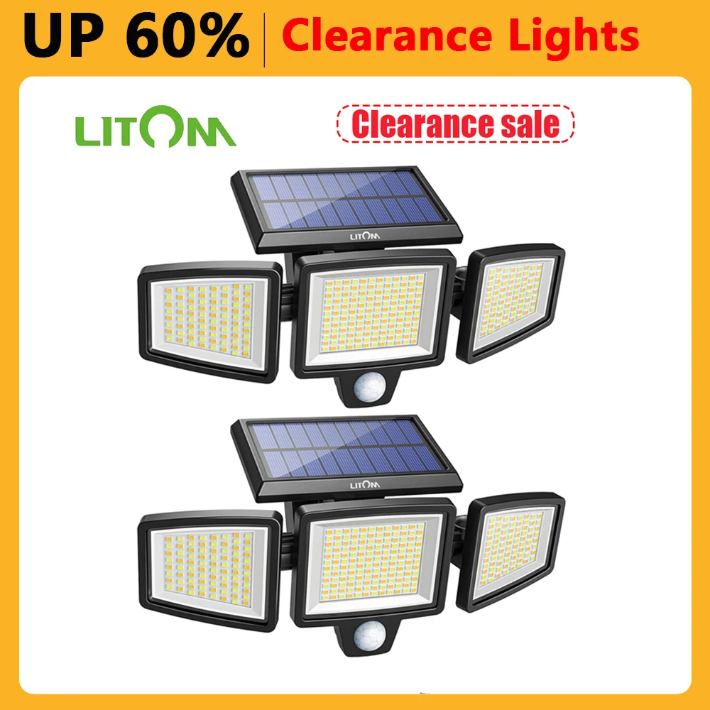 LITOM 304 LEDs 3 Head Motion Sensor Solar LED Light Outdoor 4 Modes 2 Color Temperature IP67 Waterproof Solar Garden Wall Lamp solar led street light