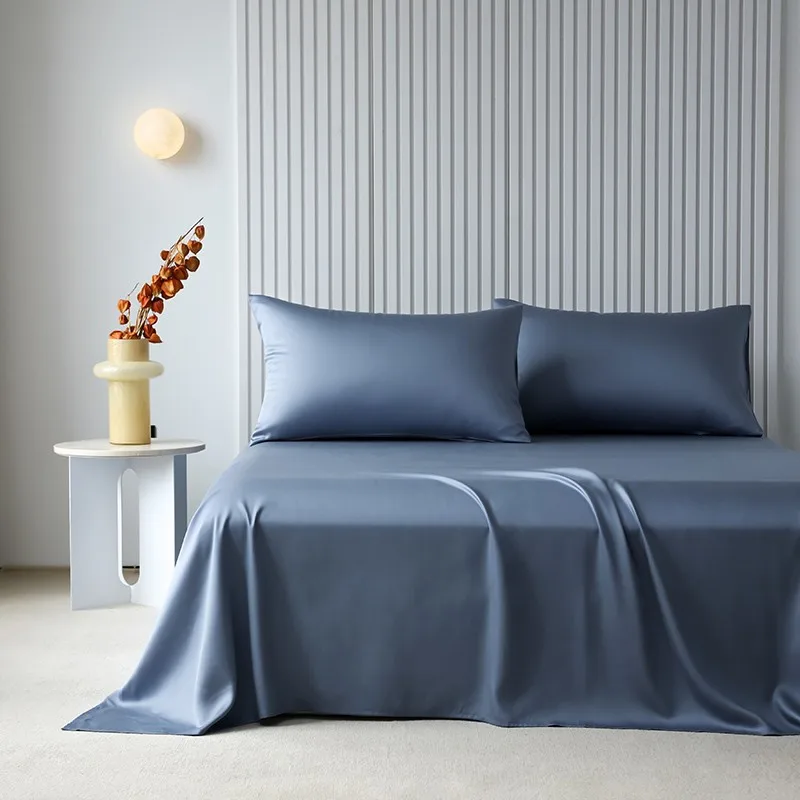 100%Organic Eucalyptus Plain Blue Flat Bed Sheets Lyocell Silky Soft Smooth Breathable Gentle to Skin Pillow shams 3