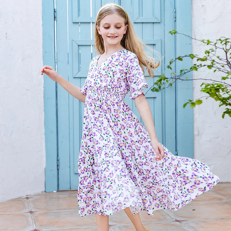

Teen Children Summer Floral Girl Dress 2023 New Fashionable Girls Print Clothing Kids V-Neck Princess Dresses