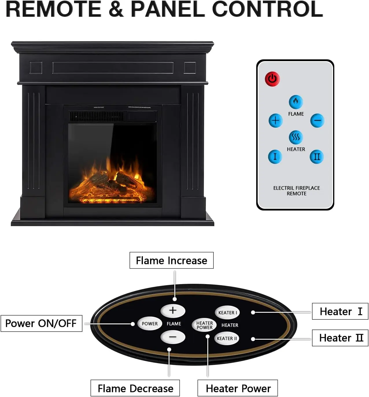44" Electric Fireplace with Mantel Package Free-Standing Fireplace Heater, Wooden Surround Firebox with Log, Remote Control 6