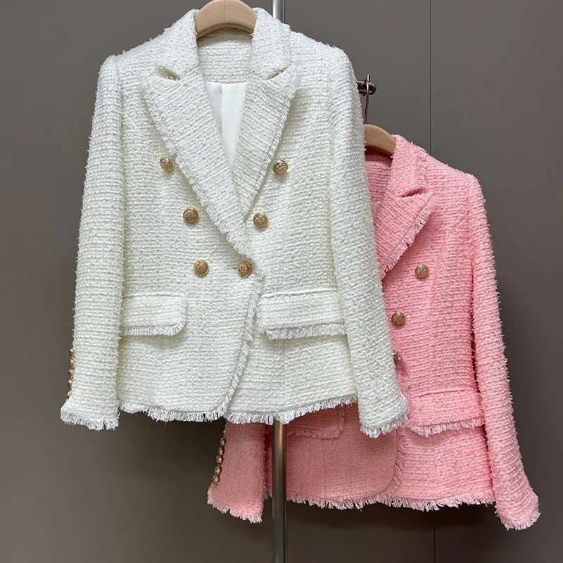 Women Custom Made Check Tweed Pink Colour Tassel Fringe Jacket 