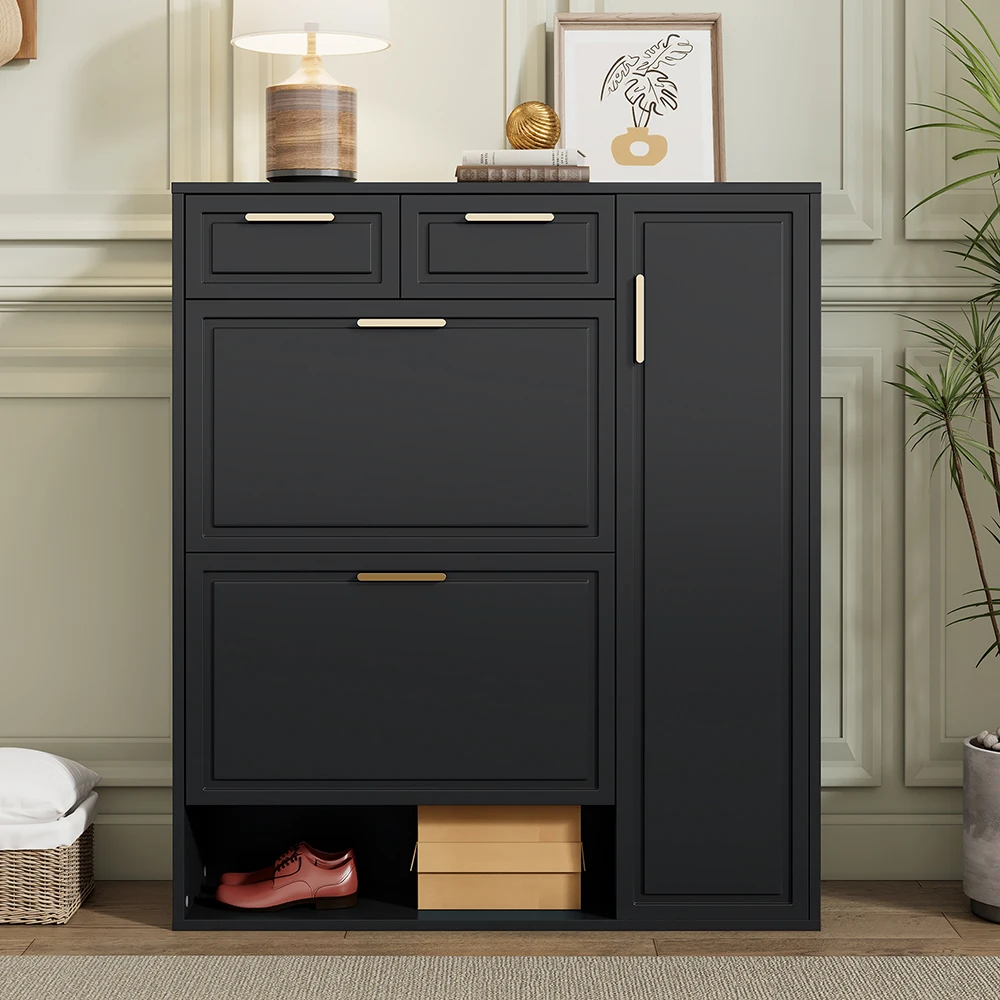 KOMHTOM Modern shoe cabinet with adjustable shelves, golden handles, drawers, folding shoe cabinet and doors