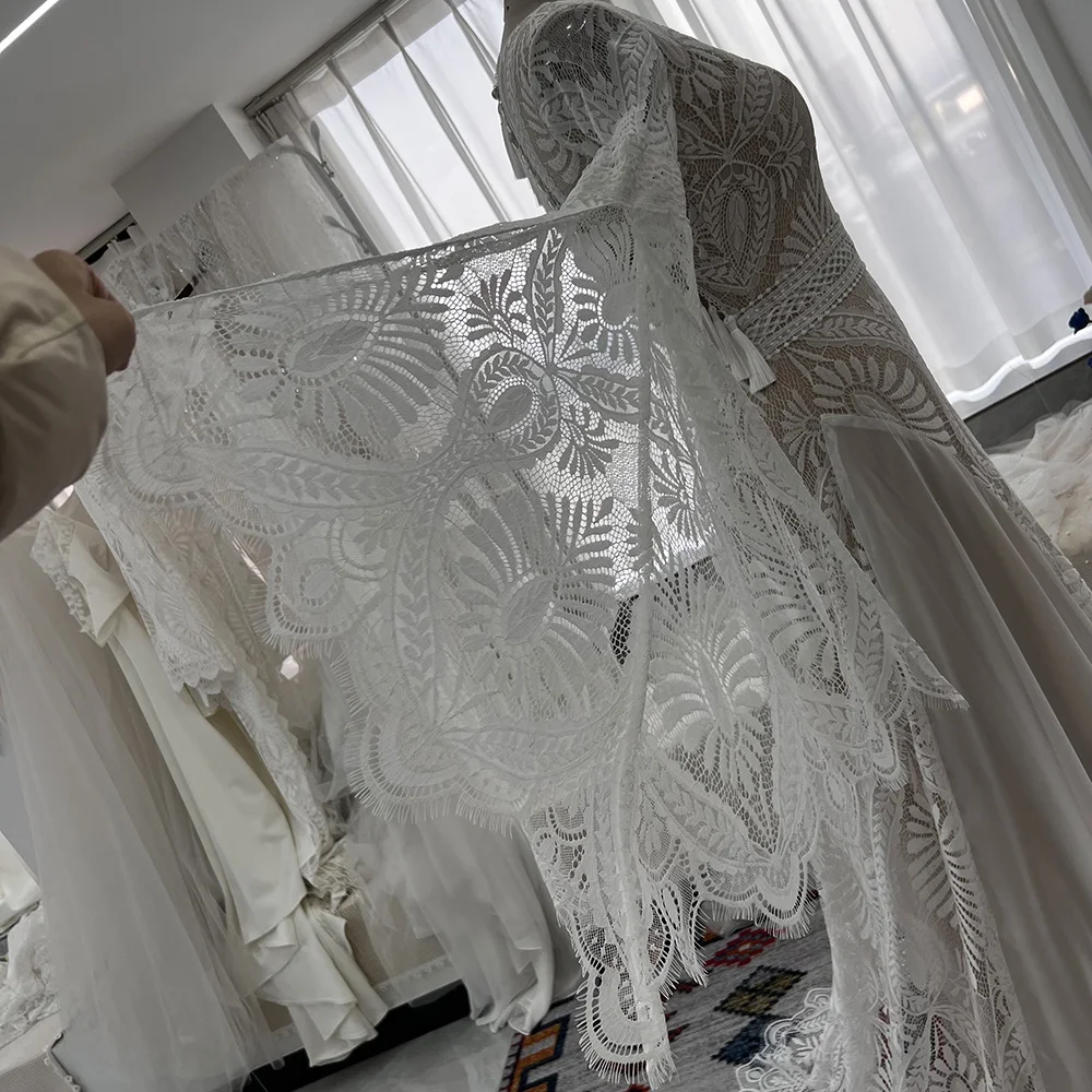 Mryarce Trendy Long Boho Sleeves Lace A Line Wedding Dresses Side Slit Keyhole Back Bohemian Bridal Gowns 3