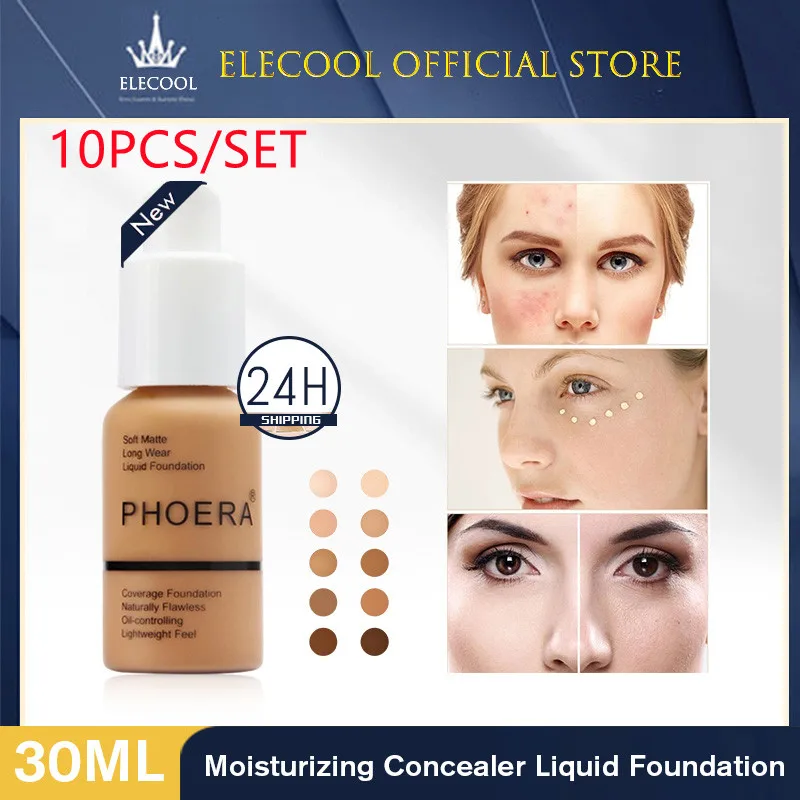 PHOERA 10PCS Face Liquid Foundation Set Matte Foundation Base Face Concealer Oil-control Cosmetic Makeup TSLM1