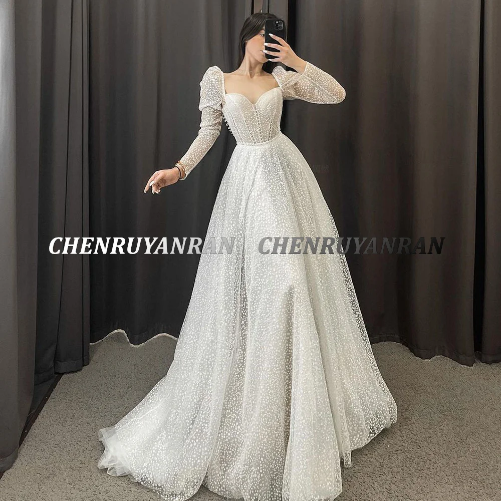Sparkle Tulle Wedding Dresses 2023 Women Sweetheart Full Sleeves Sexy Bride Dress A-Line Zipper Pearls Custom Occasion Gowns 5