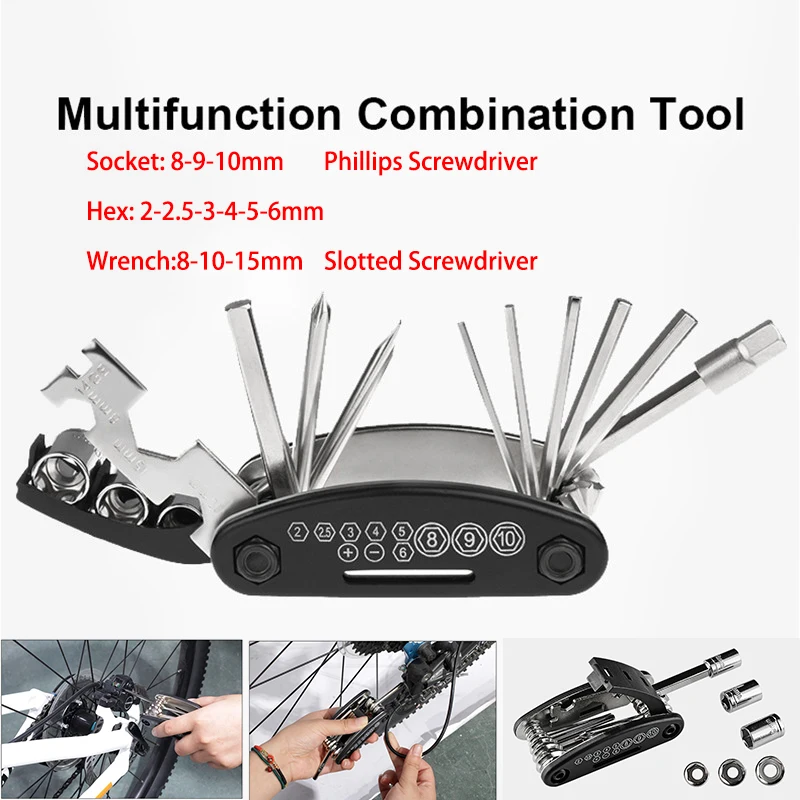

16 In 1 Multi Bicycle Wrench 8-10mm Hex Key Set 2-6mm Bike Repair Tools Phillips Screwdriver Garage Portable Spanner Mini EDC