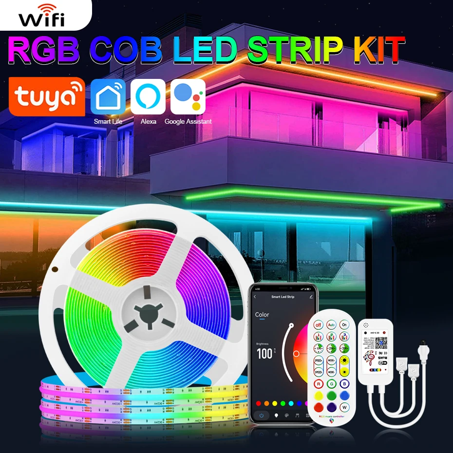 

3M 5M 10M Smart 24V COB RGB Led Strips Lights 840Leds/M Flexible Tuya WiFi,Bluetooth,Remote RGB Led Tape Ribbon Light For Room
