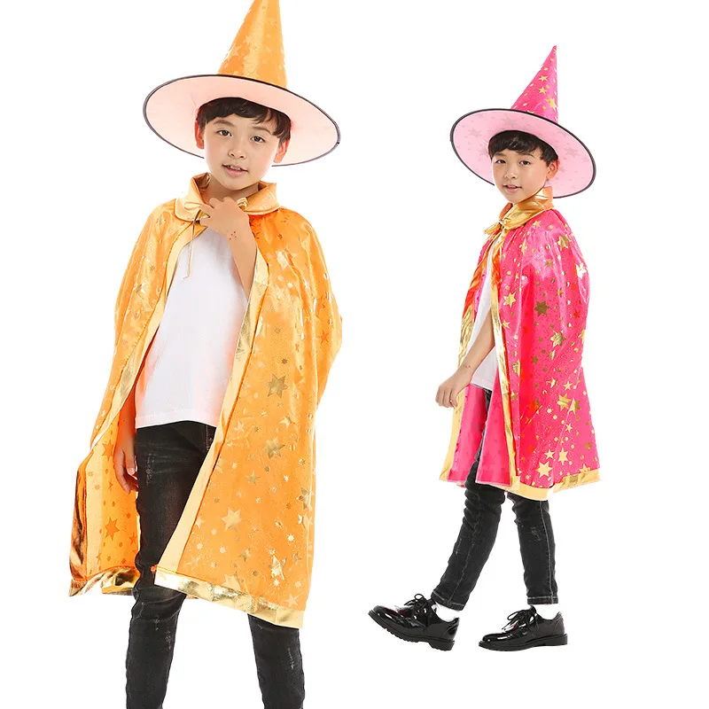 Kids Cosplay Costume Sydanne Kids Magician Wizard Cloak Hat Cosplay Costume Hot Stamping Five-pointed Star Cloak Party Costume Halloween