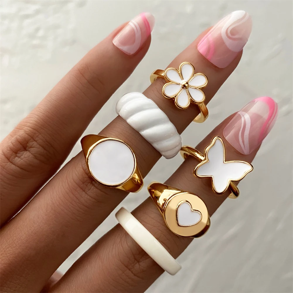 Women Ring Set, IFMIA Vintage White Heart Rings, Fashion Creative Y2K Style Metal Love Butterfly Ring, Trend Jewelry, Jewelry Accessories, Ring Set